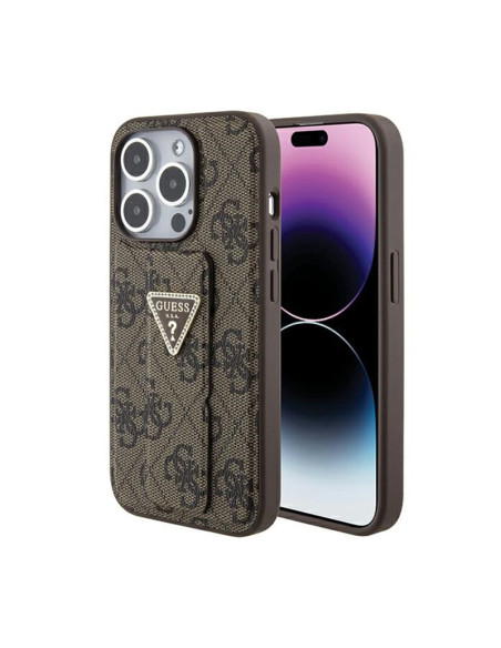 Etui Do iPhone 15 Pro Guess Grip Stand 4G Triangle Strass Logo Brązowy