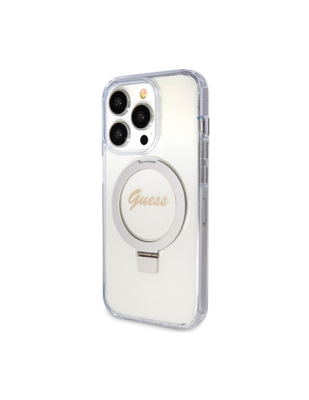 Etui Do iPhone 15 Pro Guess Ring Stand Script Glitter MagSafe Przezroczysty