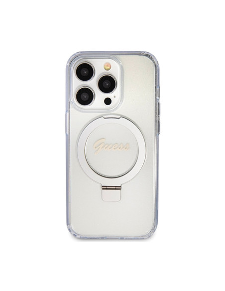 Etui Do iPhone 15 Pro Guess Ring Stand Script Glitter MagSafe Przezroczysty