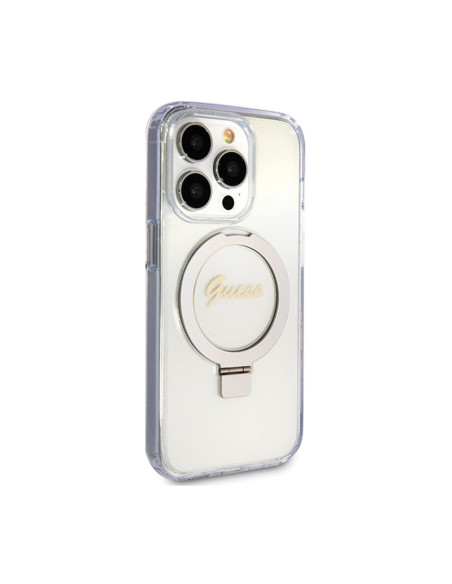Etui Do iPhone 15 Pro Guess Ring Stand Script Glitter MagSafe Przezroczysty