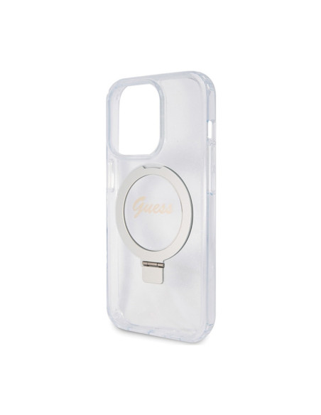 Etui Do iPhone 15 Pro Guess Ring Stand Script Glitter MagSafe Przezroczysty
