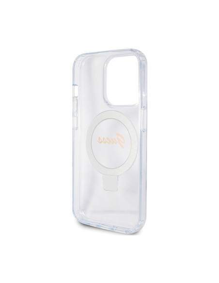 Etui Do iPhone 15 Pro Guess Ring Stand Script Glitter MagSafe Przezroczysty