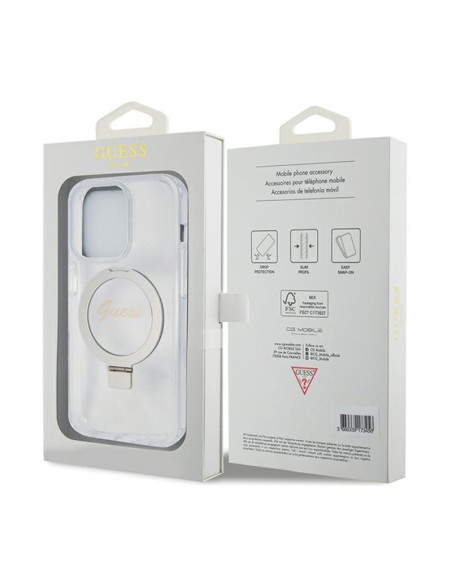 Etui Do iPhone 15 Pro Guess Ring Stand Script Glitter MagSafe Przezroczysty