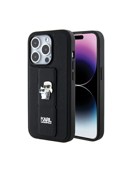 Etui Do iPhone 15 Pro Karl Lagerfeld Gripstand Saffiano Karl & Choupette Pins Czarny