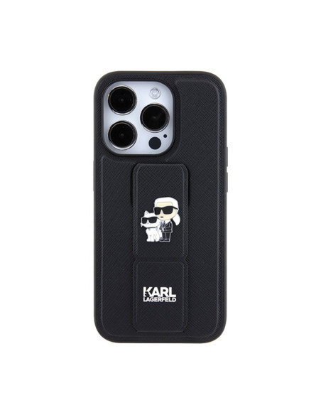 Etui Do iPhone 15 Pro Karl Lagerfeld Gripstand Saffiano Karl & Choupette Pins Czarny