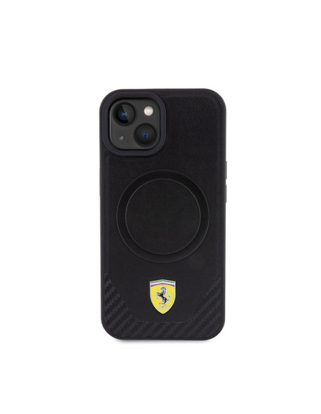 Etui Do iPhone 15 Ferrari Carbon Metal Logo MagSafe Czarny
