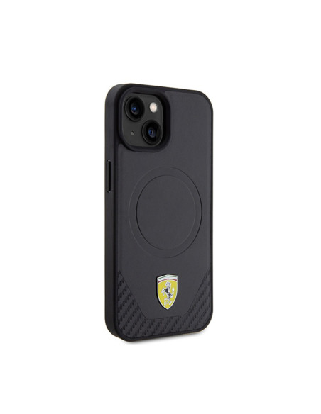 Etui Do iPhone 15 Ferrari Carbon Metal Logo MagSafe Czarny