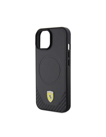 Etui Do iPhone 15 Ferrari Carbon Metal Logo MagSafe Czarny