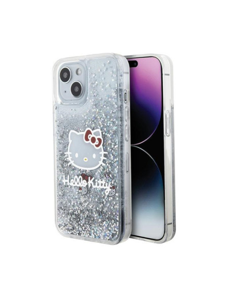 Etui Do iPhone 15 Hello Kitty Liquid Glitter Charms Kitty Head Srebrny