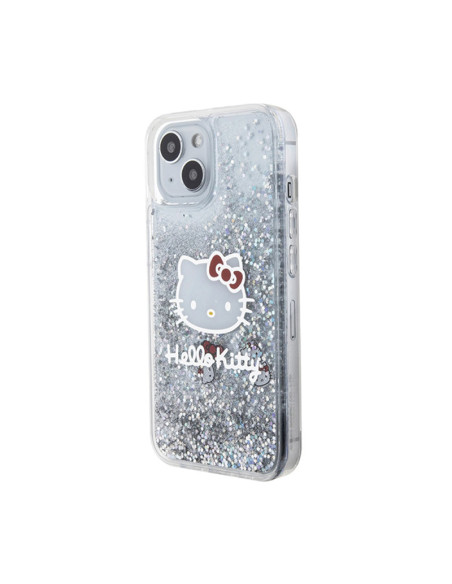 Etui Do iPhone 15 Hello Kitty Liquid Glitter Charms Kitty Head Srebrny