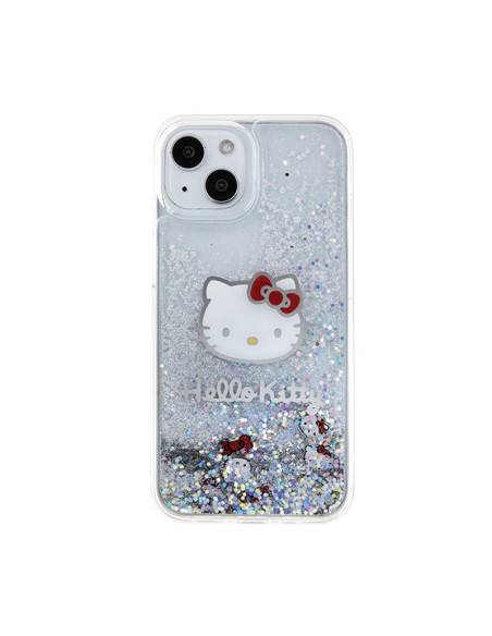 Etui Do iPhone 15 Hello Kitty Liquid Glitter Charms Kitty Head Srebrny