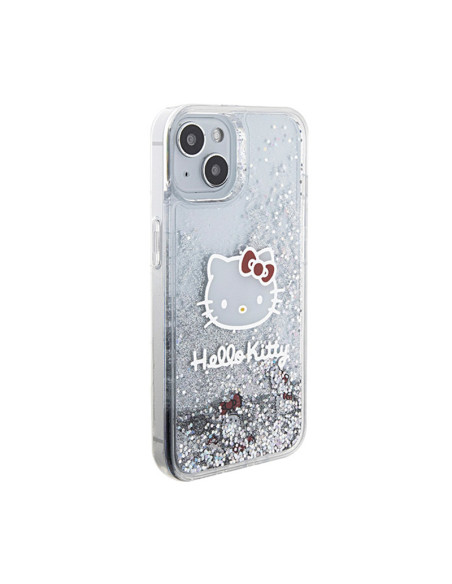 Etui Do iPhone 15 Hello Kitty Liquid Glitter Charms Kitty Head Srebrny