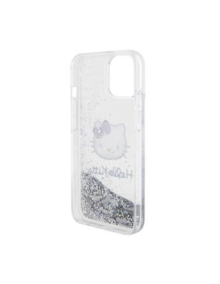 Etui Do iPhone 15 Hello Kitty Liquid Glitter Charms Kitty Head Srebrny