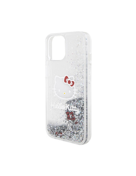 Etui Do iPhone 15 Hello Kitty Liquid Glitter Charms Kitty Head Srebrny