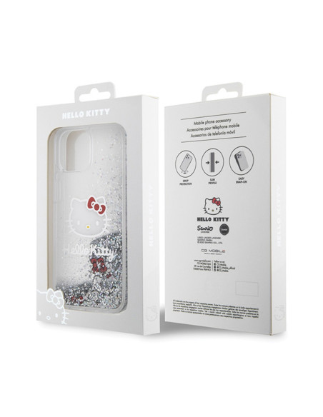 Etui Do iPhone 15 Hello Kitty Liquid Glitter Charms Kitty Head Srebrny