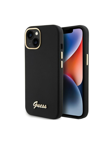 Etui Do iPhone 15 Guess Silicone Script Metal Logo & Frame Czarny