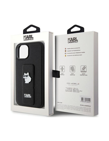 Etui Do iPhone 15 Karl Lagerfeld Gripstand Saffiano Choupette Pins Czarny