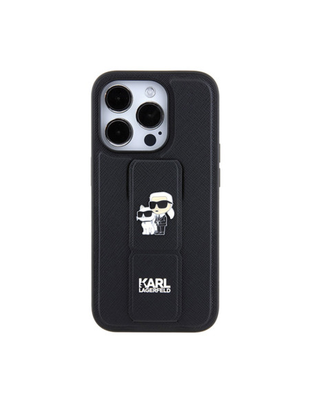 Etui Do iPhone 14 Pro Karl Lagerfeld Gripstand Saffiano Karl & Choupette Pins Czarny