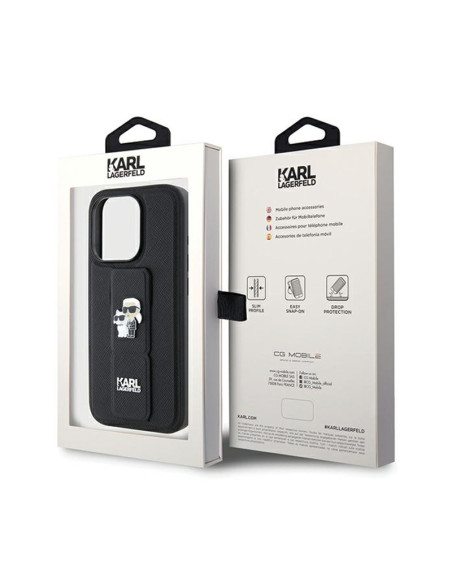 Etui Do iPhone 14 Pro Karl Lagerfeld Gripstand Saffiano Karl & Choupette Pins Czarny