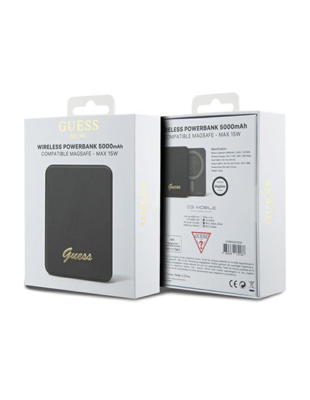 Powerbank indukcyjny 5000 mAh 15W MagSafe Guess Metal Script Logo MagSafe Czarny