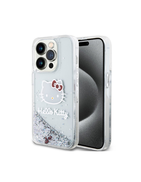 Etui Do iPhone 13 Pro Hello Kitty Liquid Glitter Charms Kitty Head Srebrny