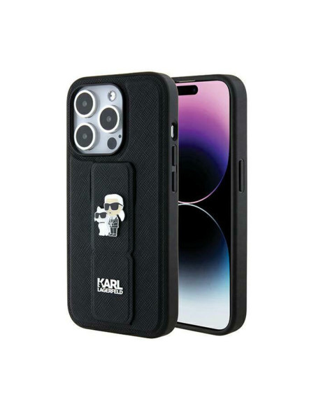 Etui Do iPhone 13 Pro Karl Lagerfeld Gripstand Saffiano Karl & Choupette Pins Czarny