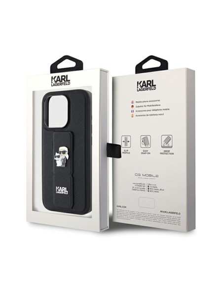 Etui Do iPhone 13 Pro Karl Lagerfeld Gripstand Saffiano Karl & Choupette Pins Czarny