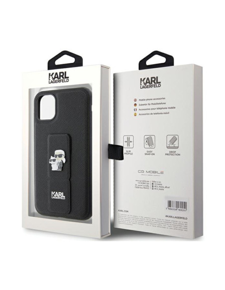 Etui Do iPhone 11 Karl Lagerfeld Gripstand Saffiano Karl & Choupette Pins Czarny