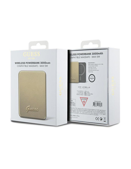 Powerbank indukcyjny 3000 mAh 5W MagSafe Guess Metal Script Logo MagSafe Złoty
