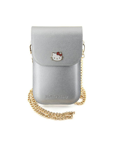 Torebka crossbody na telefon Hello Kitty Leather Metal Logo Chain Srebrny