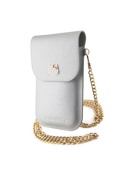 Torebka crossbody na telefon Hello Kitty Leather Metal Logo Chain Srebrny