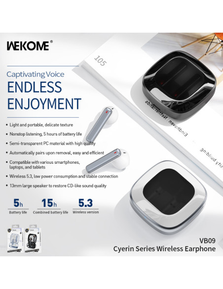 Bezprzewodowe Słuchawki Bluetooth V5.3 TWS Z Etui Ładującym Wekome VB09 Cyerin Series Czarny