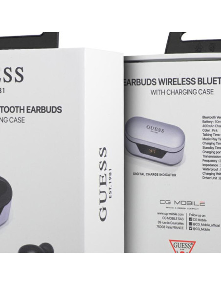 Słuchawki TWS + Etui Ładujące Guess True Wireless Earphones BT5.0 5H Fioletowy