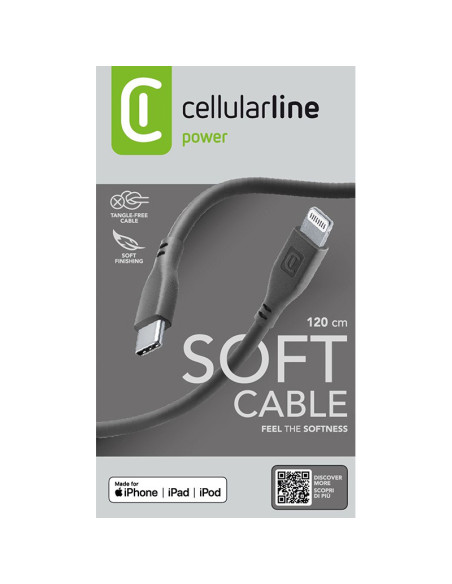 Kabel USB-C / Lightning certyfikat MFi 1.2 m Cellularline Soft Cable Czarny