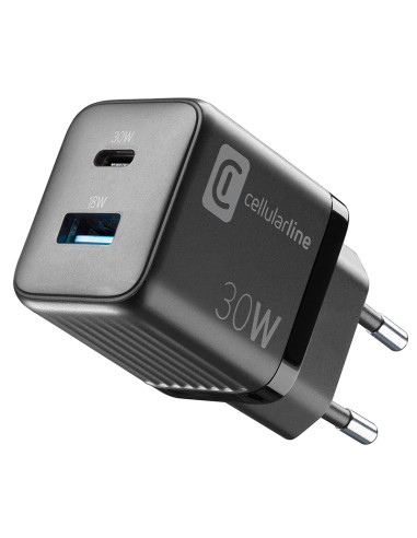 Ładowarka sieciowa USB-C & USB-A Power Delivery 30W Cellularline Multipower Micro GaN Czarny