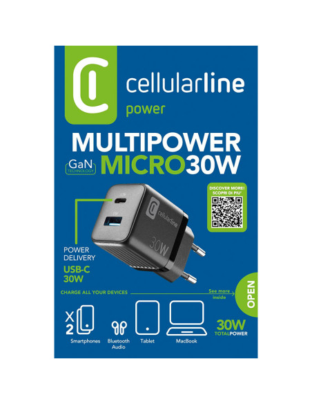 Ładowarka sieciowa USB-C & USB-A Power Delivery 30W Cellularline Multipower Micro GaN Czarny