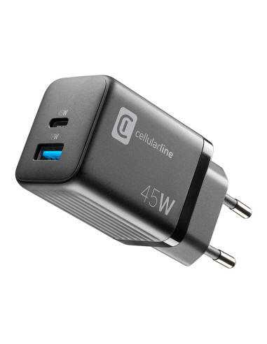 Ładowarka sieciowa USB-C & USB-A Power Delivery 45W Cellularline Multipower Micro GaN Czarny